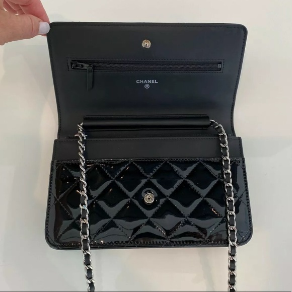 CHANEL BLACK PATENT LEATHER WALLET ON A CHAIN NEW IN BOX! - Picture 11 of 16